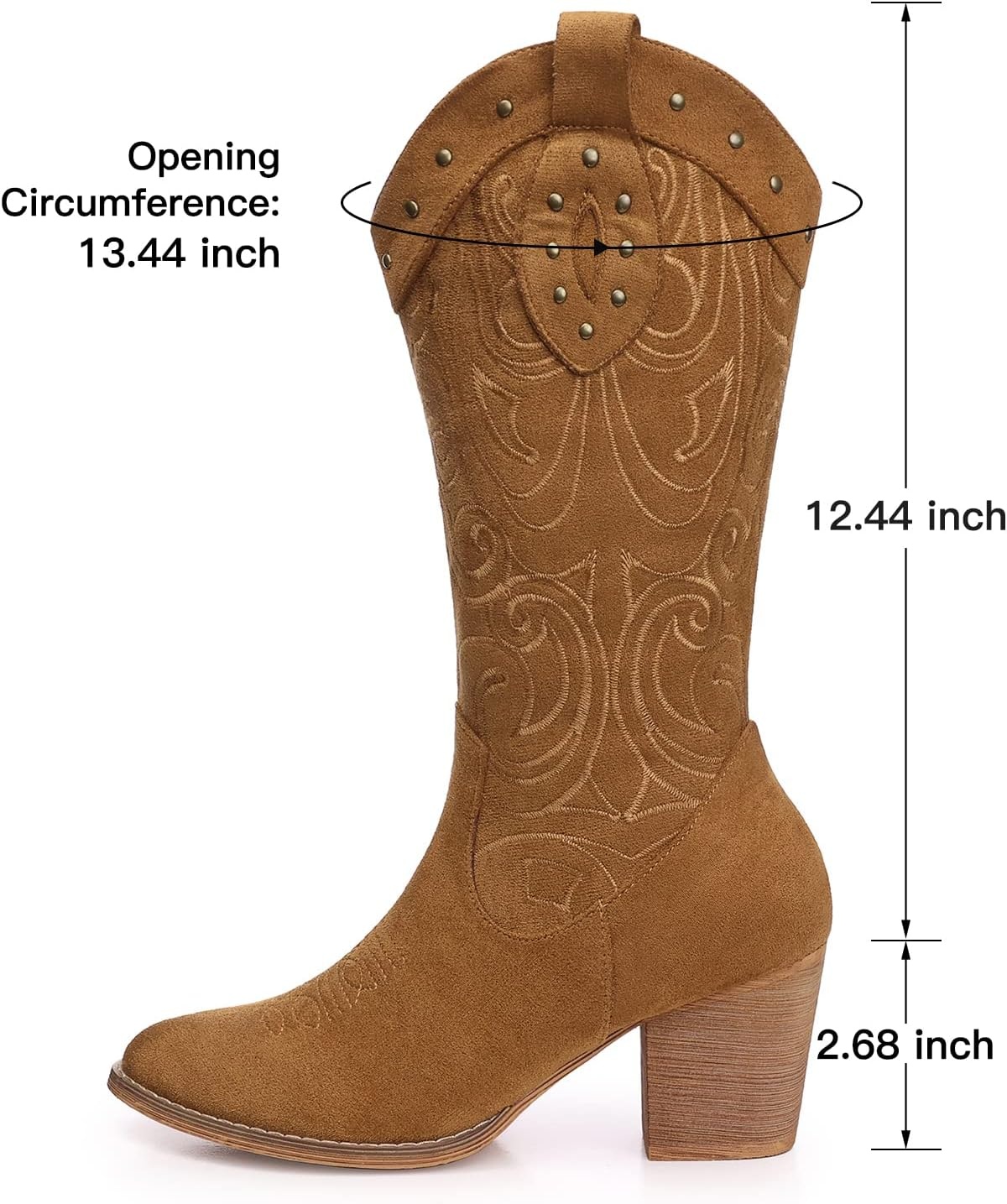 image:imageSHIBEVER Cowboy Cowgirl Boots for Women Western Pointed Toe Chunky Heel Suede Embroidered Classic Mid Calf Womens Cowgirl Boot with ZipperBrown