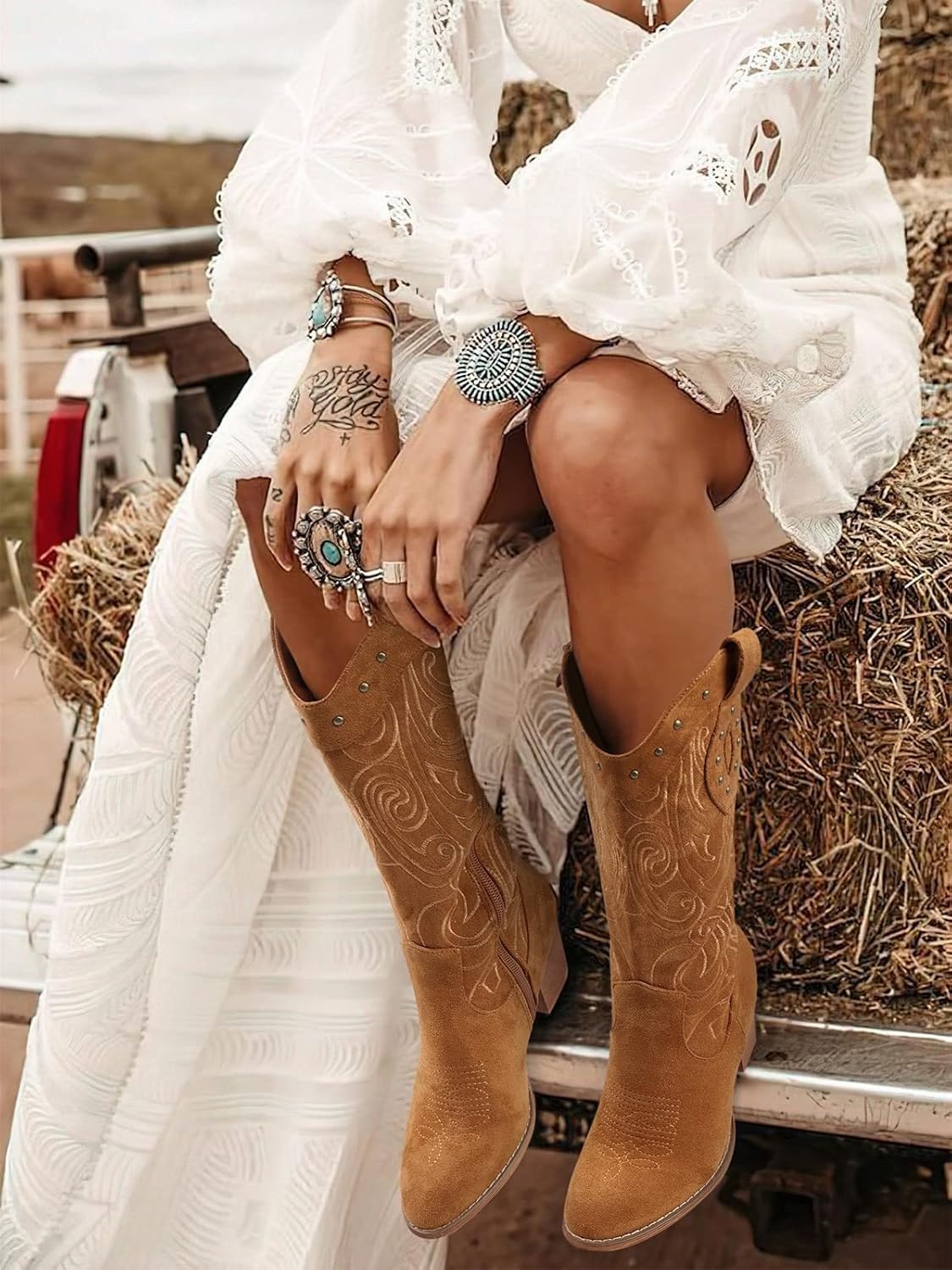 image:imageSHIBEVER Cowboy Cowgirl Boots for Women Western Pointed Toe Chunky Heel Suede Embroidered Classic Mid Calf Womens Cowgirl Boot with ZipperBrown