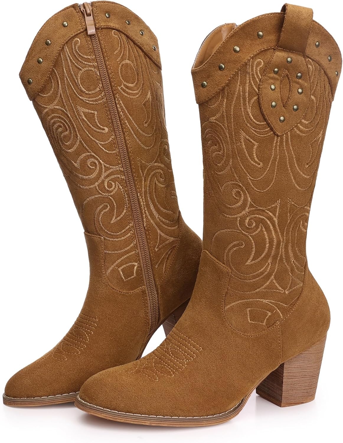 image:imageSHIBEVER Cowboy Cowgirl Boots for Women Western Pointed Toe Chunky Heel Suede Embroidered Classic Mid Calf Womens Cowgirl Boot with ZipperBrown