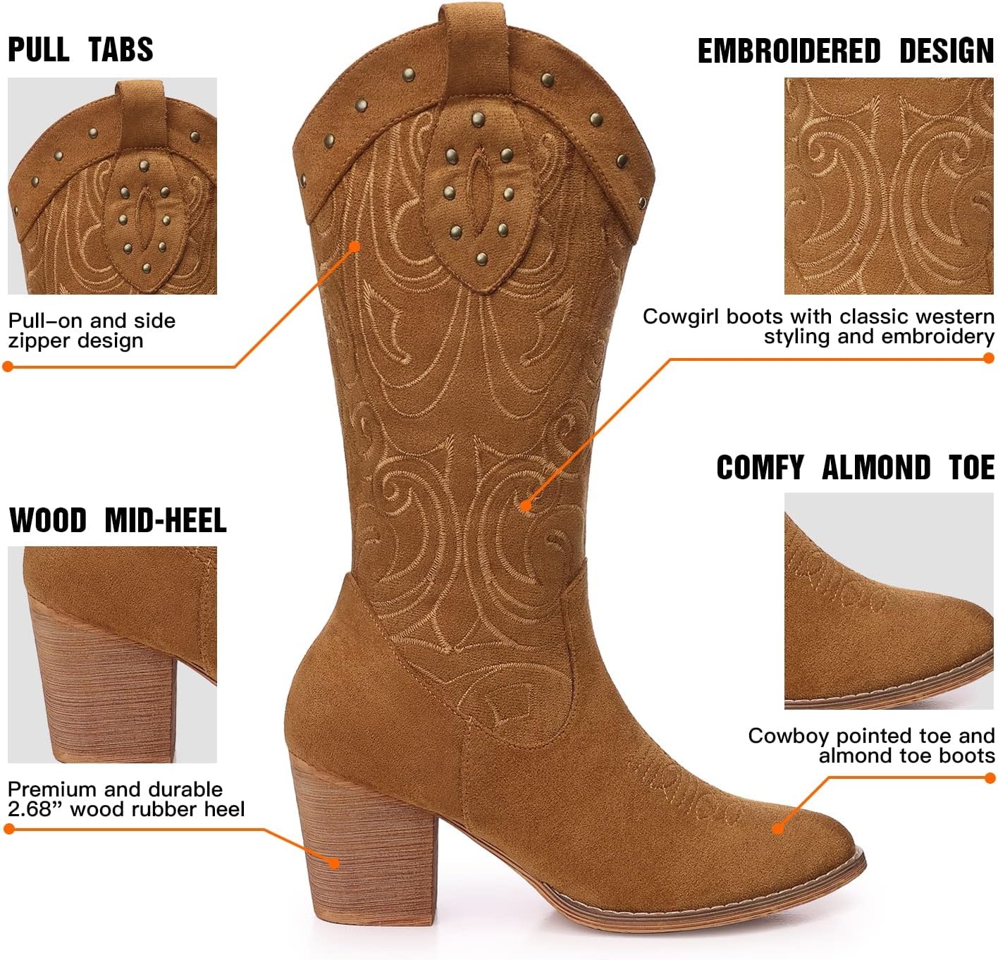 image:imageSHIBEVER Cowboy Cowgirl Boots for Women Western Pointed Toe Chunky Heel Suede Embroidered Classic Mid Calf Womens Cowgirl Boot with ZipperCamel