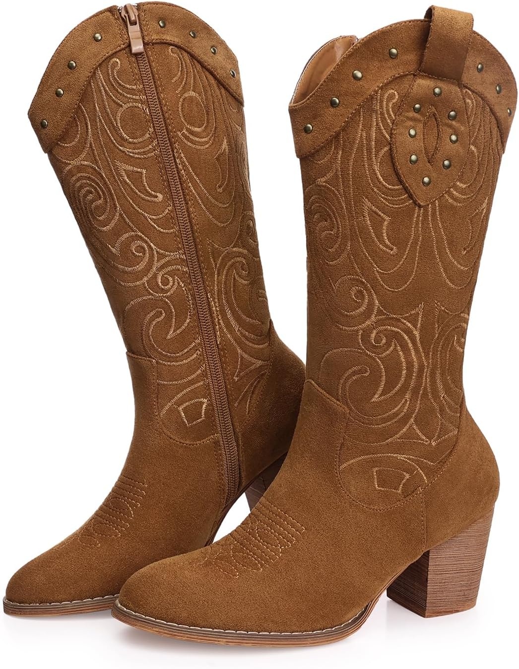 image:imageSHIBEVER Cowboy Cowgirl Boots for Women Western Pointed Toe Chunky Heel Suede Embroidered Classic Mid Calf Womens Cowgirl Boot with ZipperCamel