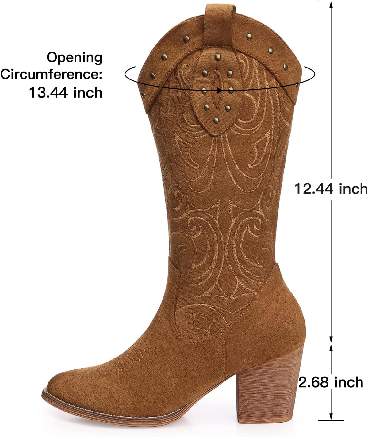 image:imageSHIBEVER Cowboy Cowgirl Boots for Women Western Pointed Toe Chunky Heel Suede Embroidered Classic Mid Calf Womens Cowgirl Boot with ZipperCamel