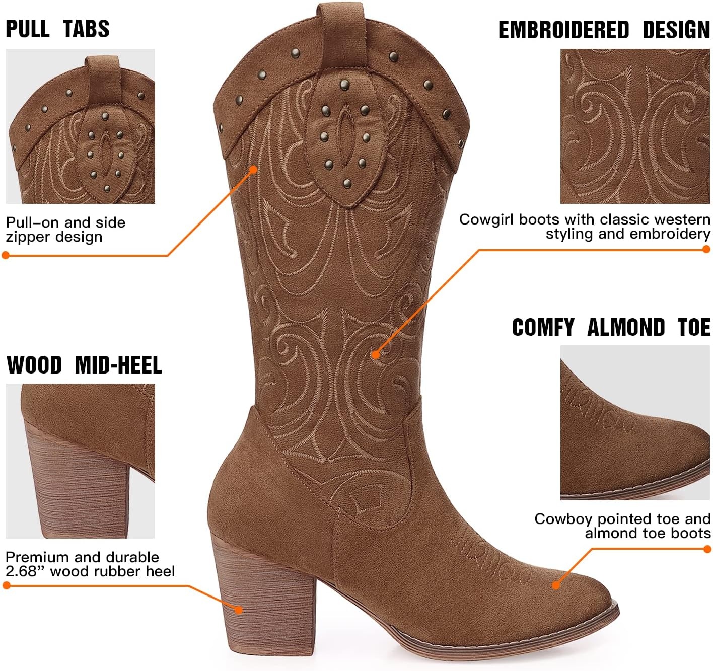 image:imageSHIBEVER Cowboy Cowgirl Boots for Women Western Pointed Toe Chunky Heel Suede Embroidered Classic Mid Calf Womens Cowgirl Boot with ZipperDark Brown