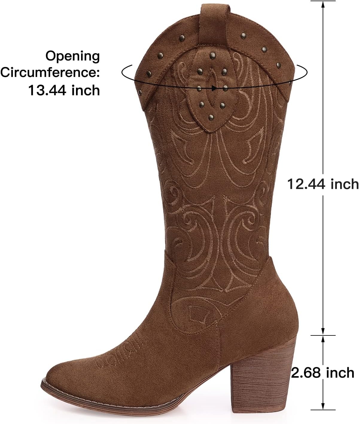 image:imageSHIBEVER Cowboy Cowgirl Boots for Women Western Pointed Toe Chunky Heel Suede Embroidered Classic Mid Calf Womens Cowgirl Boot with ZipperDark Brown