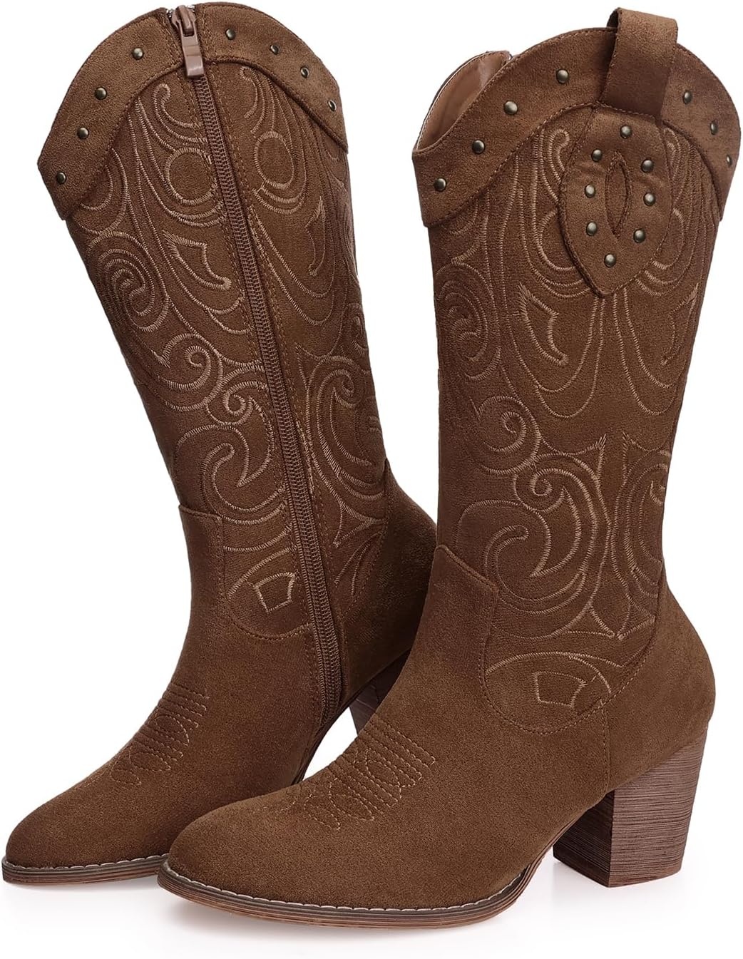 image:imageSHIBEVER Cowboy Cowgirl Boots for Women Western Pointed Toe Chunky Heel Suede Embroidered Classic Mid Calf Womens Cowgirl Boot with ZipperDark Brown