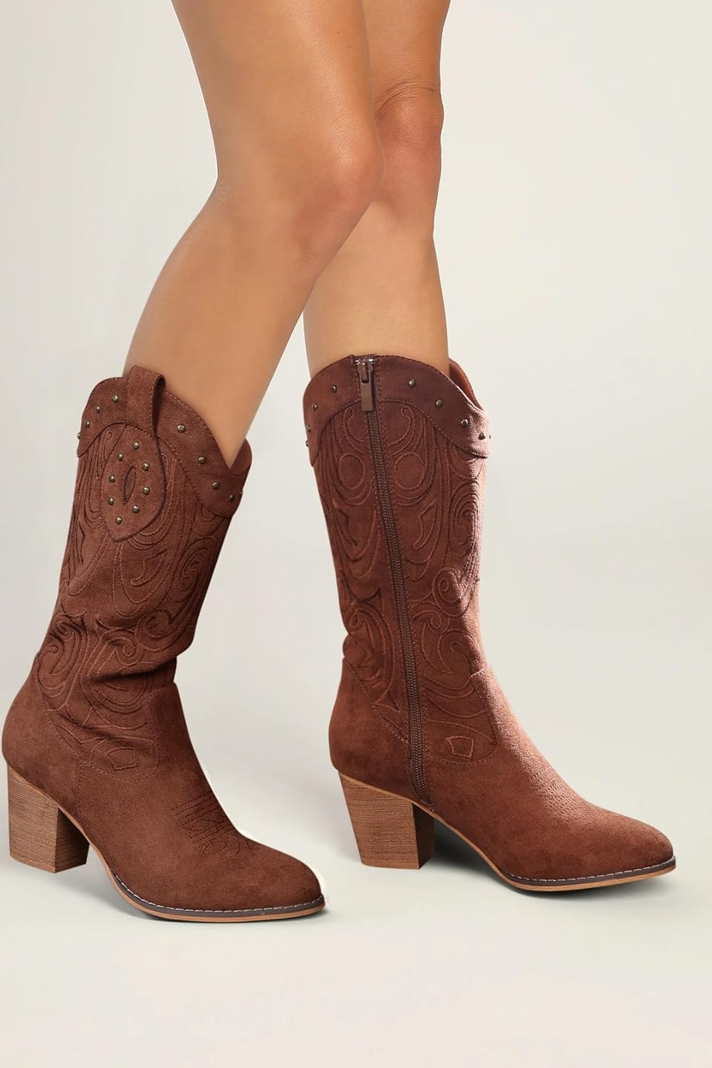 image:imageSHIBEVER Cowboy Cowgirl Boots for Women Western Pointed Toe Chunky Heel Suede Embroidered Classic Mid Calf Womens Cowgirl Boot with ZipperDark Brown