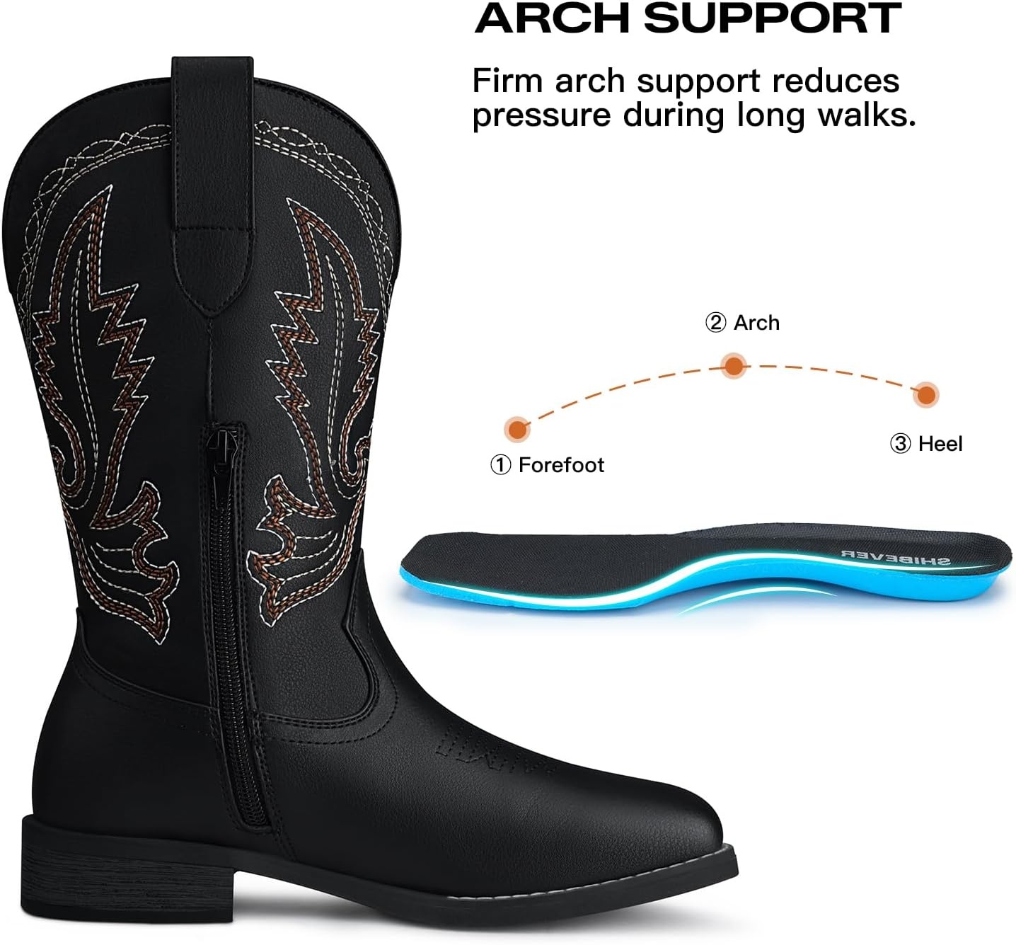 image:imageSHIBEVER Cowboy Cowgirl Boots for Women Western Square Toe Embroidered Comfortable Mid Calf Women BootsBlack