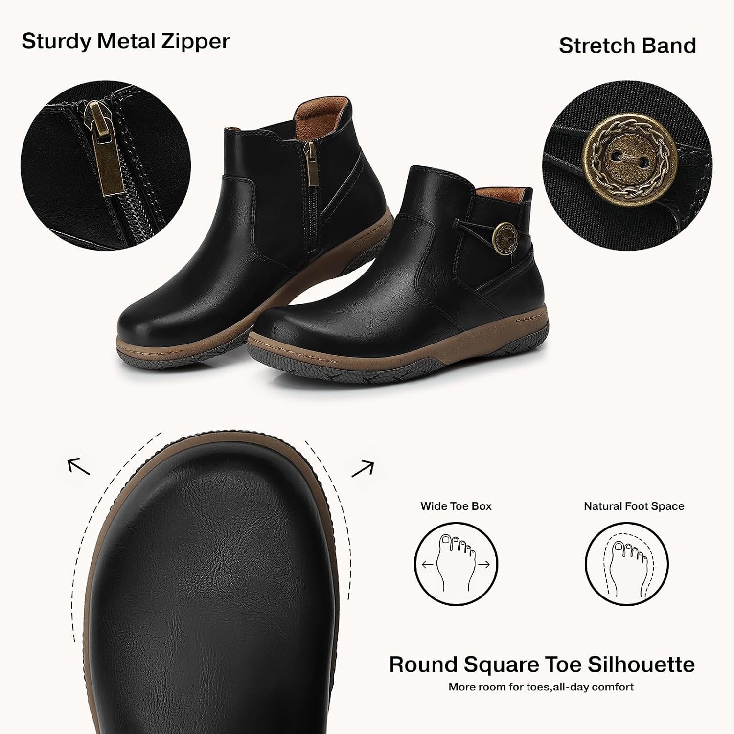 image:imageSHIBEVER Ankle Short Boots for Women Flat Dress Arch Support Booties Comfortable Casual Walking Side Zipper BootBlack