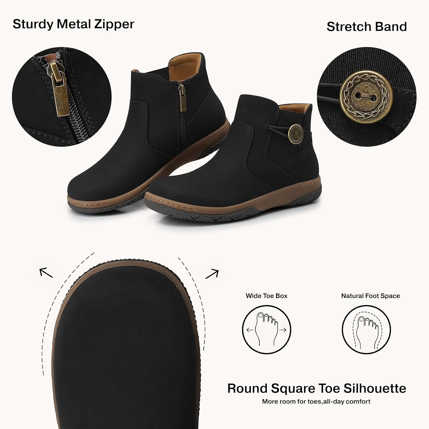 image:imageSHIBEVER Ankle Short Boots for Women Flat Dress Arch Support Booties Comfortable Casual Walking Side Zipper BootBlack Nub