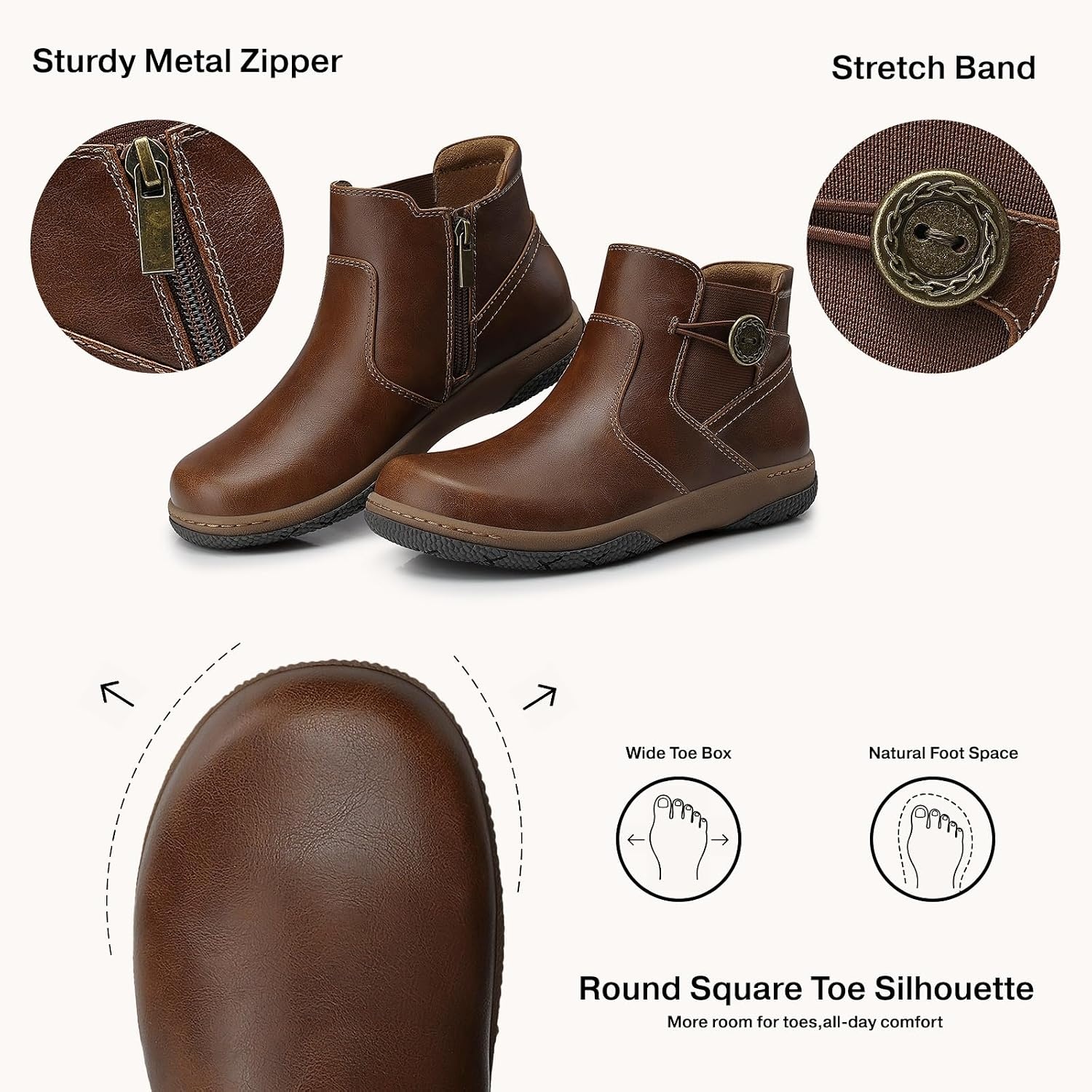 image:imageSHIBEVER Ankle Short Boots for Women Flat Dress Arch Support Booties Comfortable Casual Walking Side Zipper BootBrown
