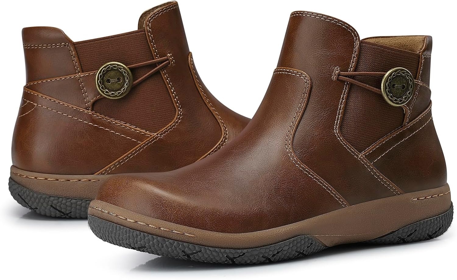 image:imageSHIBEVER Ankle Short Boots for Women Flat Dress Arch Support Booties Comfortable Casual Walking Side Zipper BootBrown