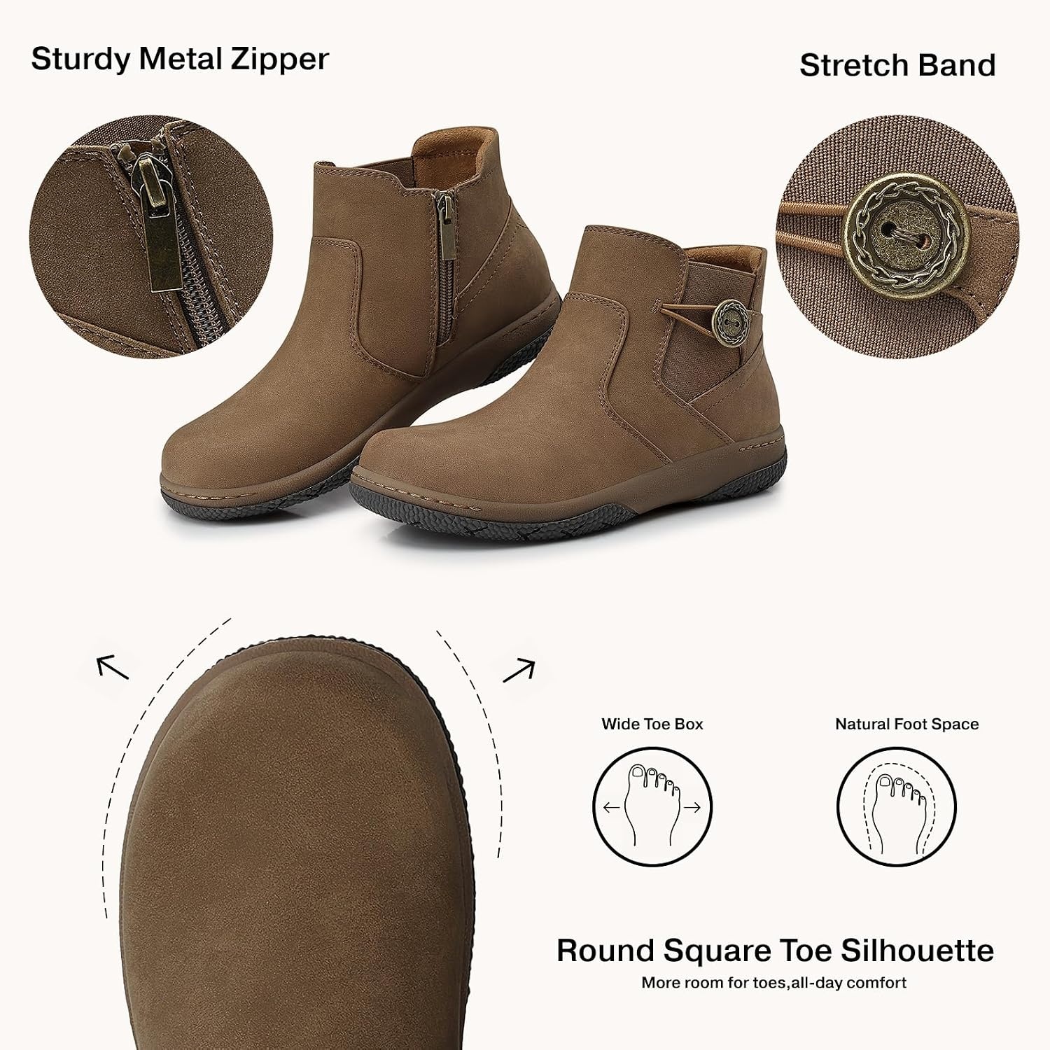 image:imageSHIBEVER Ankle Short Boots for Women Flat Dress Arch Support Booties Comfortable Casual Walking Side Zipper BootCamel Nub