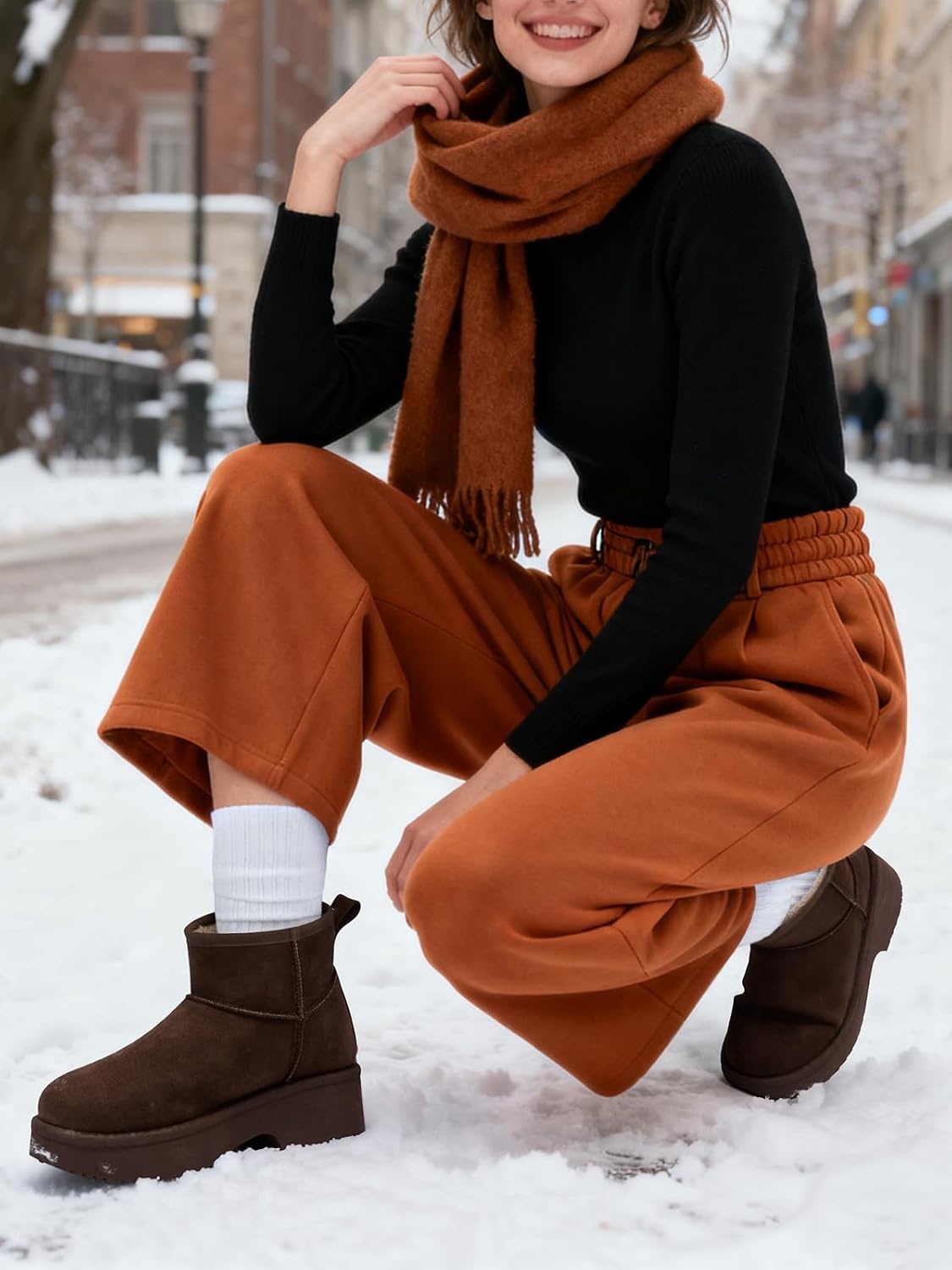 image:imageSHIBEVER Brown Winter Ankle Boots Women Platform Suede Snow Booties Warm Fur AntiSlip Waterproof Comfortable Outdoor Shoes Size 12