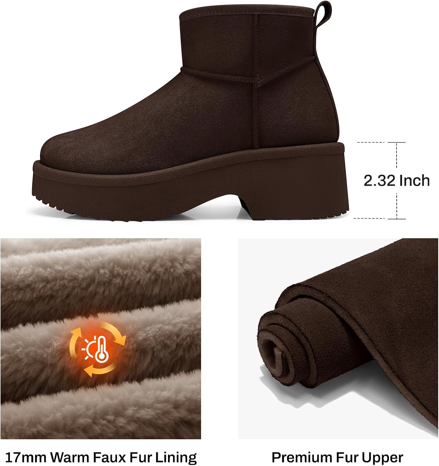 image:imageSHIBEVER Brown Winter Ankle Boots Women Platform Suede Snow Booties Warm Fur AntiSlip Waterproof Comfortable Outdoor Shoes Size 12