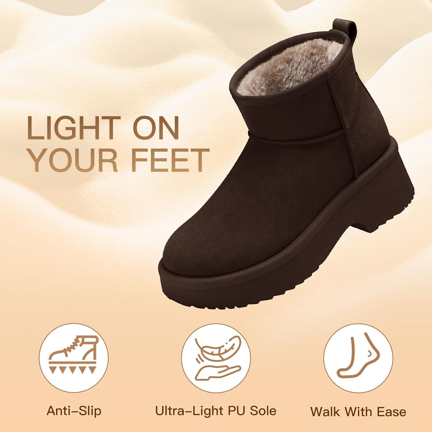 image:imageSHIBEVER Brown Winter Ankle Boots Women Platform Suede Snow Booties Warm Fur AntiSlip Waterproof Comfortable Outdoor Shoes Size 12