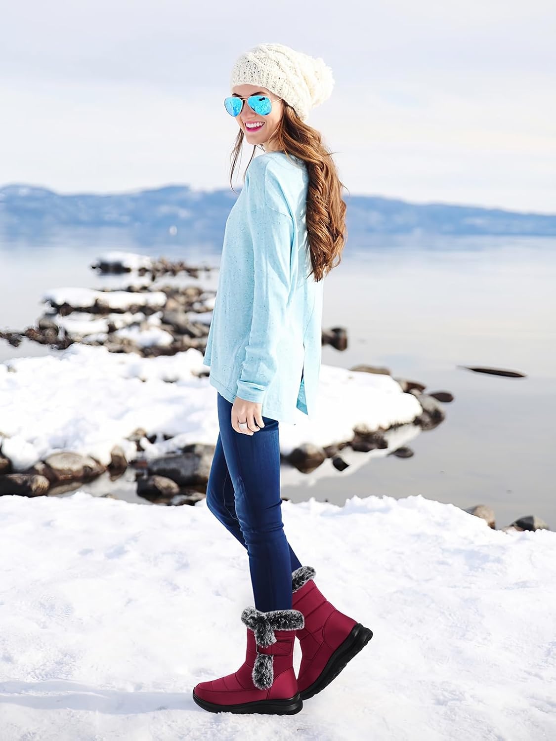 image:imageSHIBEVER Waterproof Winter Boots for Women Snow Mid Calf Fur Lined Warm Women Boot Outdoor Resistant Booties67 Red