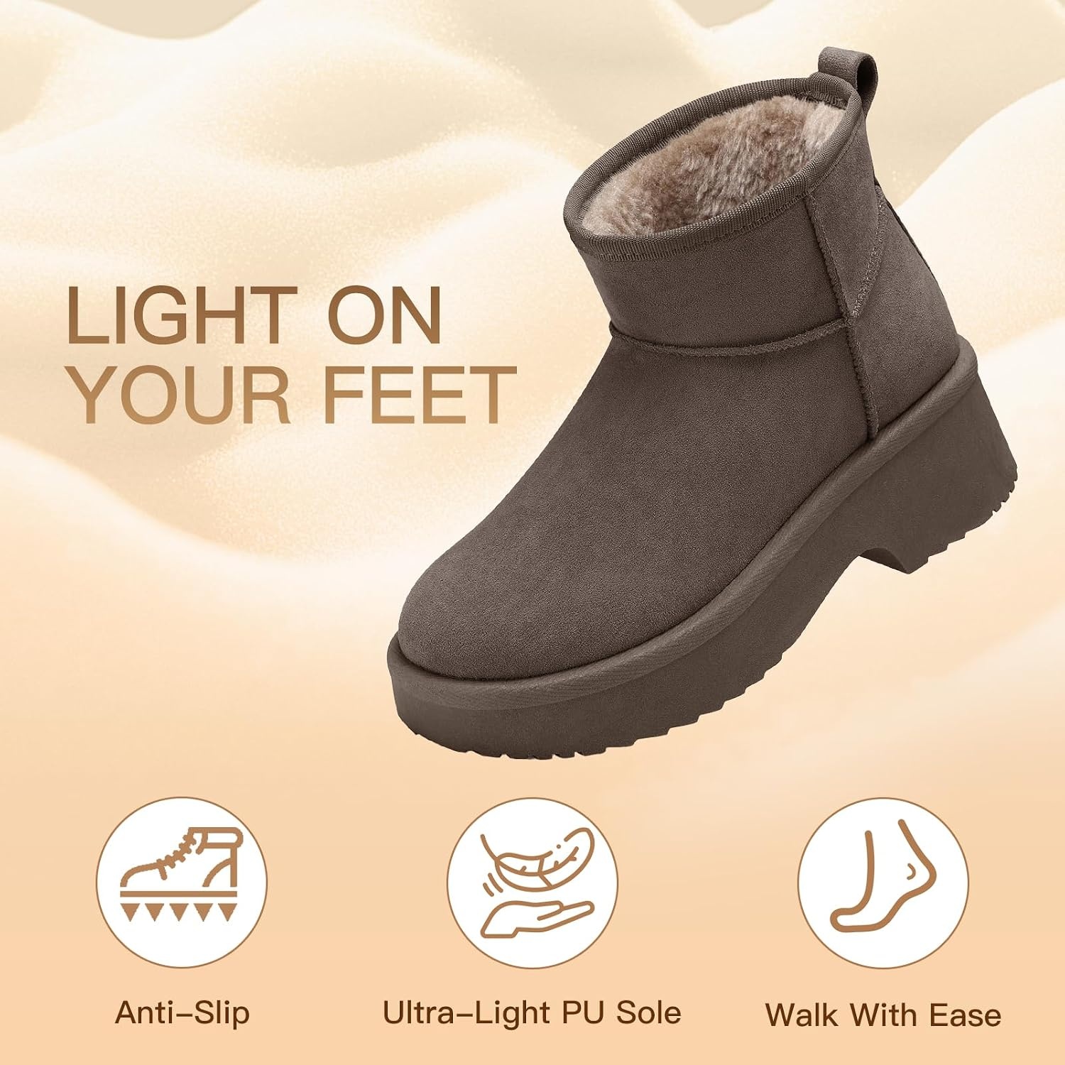 image:imageSHIBEVER Winter Ankle Boots Women Platform Suede Snow Booties Warm Fur AntiSlip Waterproof Comfortable Outdoor Shoes Grey Size 8