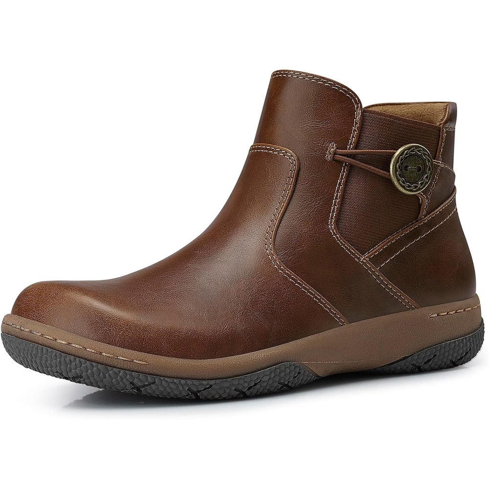 image:imageSHIBEVER Ankle Short Boots for Women Flat Dress Arch Support Booties Comfortable Casual Walking Side Zipper BootBrown