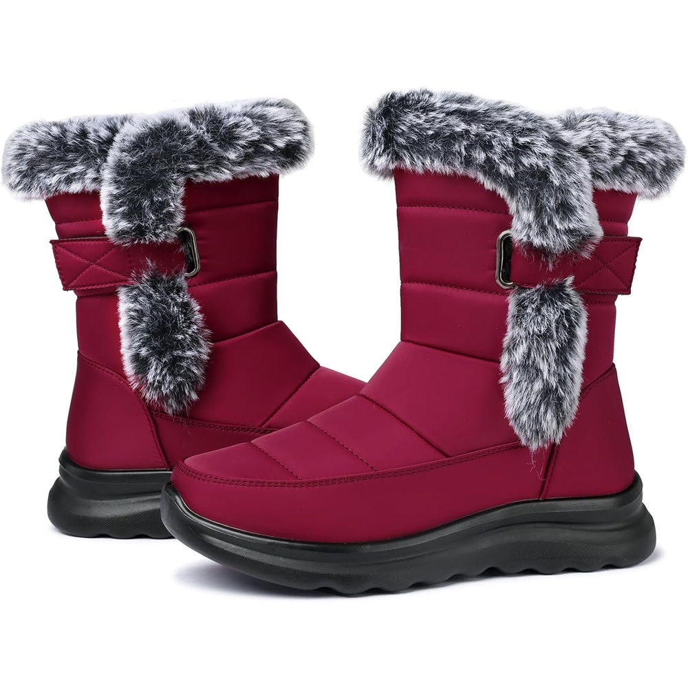 image:imageSHIBEVER Waterproof Winter Boots for Women Snow Mid Calf Fur Lined Warm Women Boot Outdoor Resistant Booties67 Red