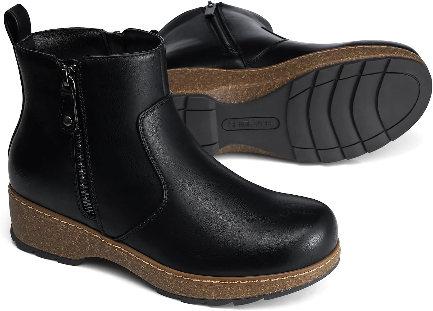image:imageSHIBEVER Short Ankle Boots for Women Arch Support for All Day Comfort Fall Boots Memory Foam Cushioned Classic Low Heeled Zipper Casual Womens BootiesBlack