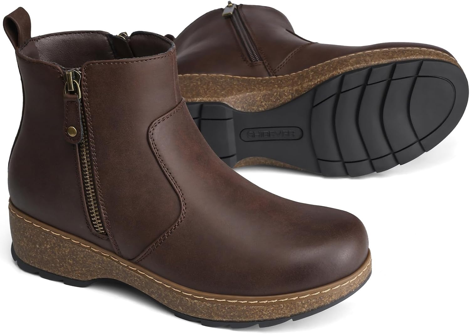 image:imageSHIBEVER Short Ankle Boots for Women Arch Support for All Day Comfort Fall Boots Memory Foam Cushioned Classic Low Heeled Zipper Casual Womens BootiesTan