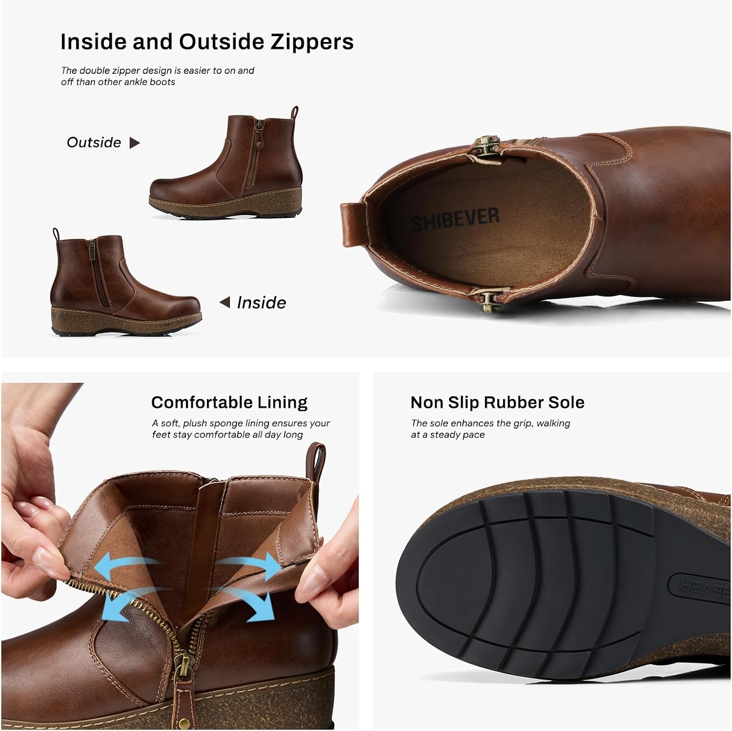 image:imageSHIBEVER Short Ankle Boots for Women Arch Support for All Day Comfort Fall Boots Memory Foam Cushioned Classic Low Heeled Zipper Casual Womens BootiesBrown