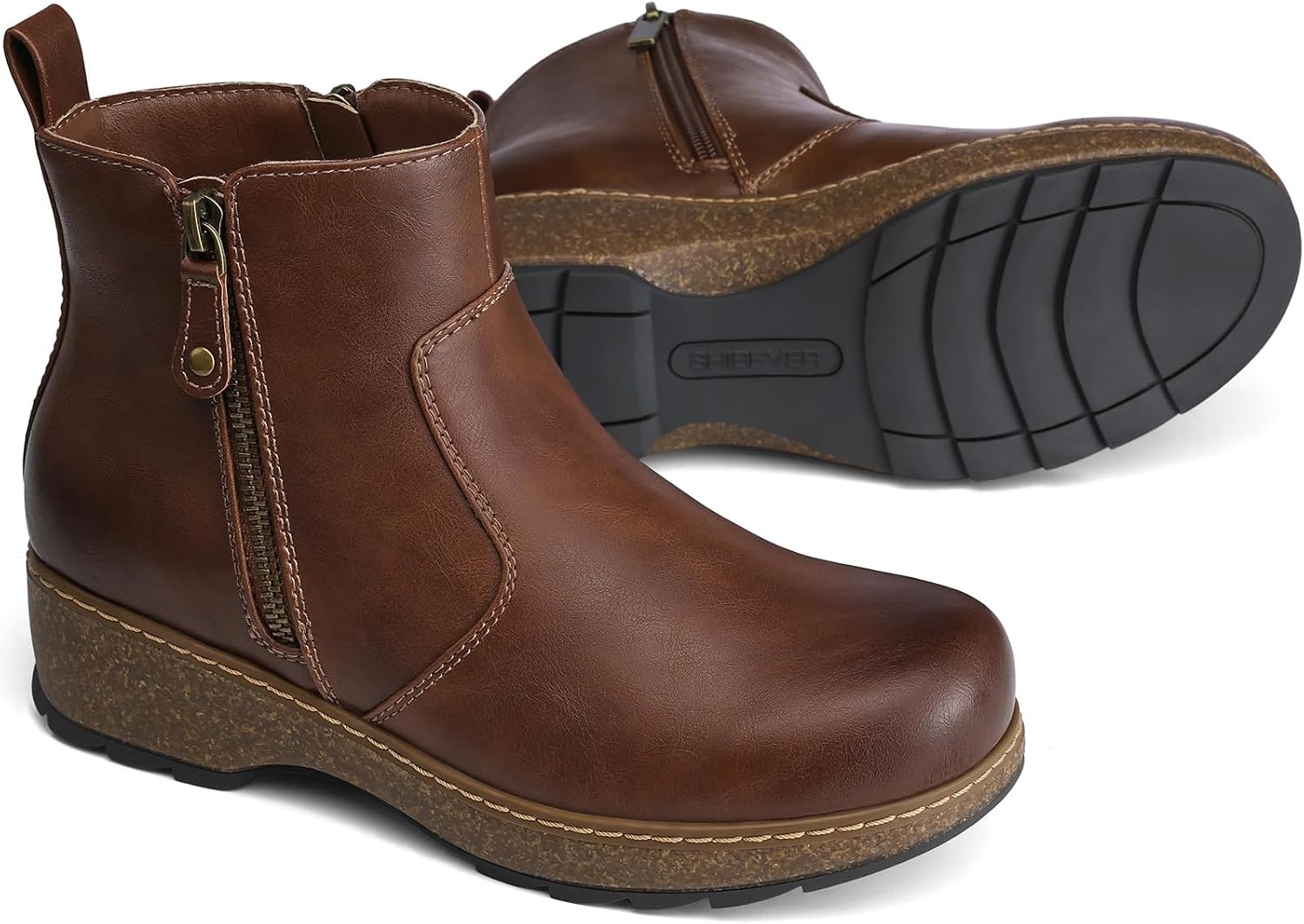 image:imageSHIBEVER Short Ankle Boots for Women Arch Support for All Day Comfort Fall Boots Memory Foam Cushioned Classic Low Heeled Zipper Casual Womens BootiesBrown