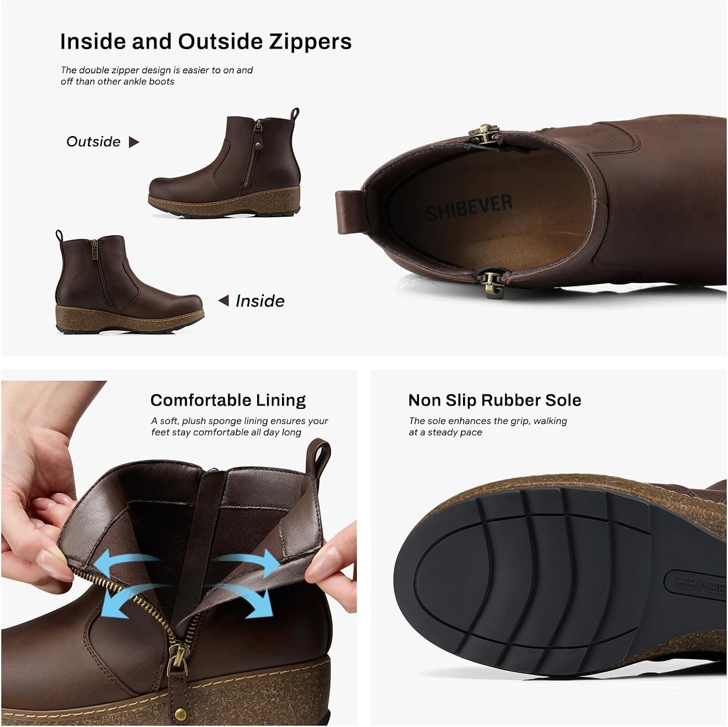 image:imageSHIBEVER Short Ankle Boots for Women Arch Support for All Day Comfort Fall Boots Memory Foam Cushioned Classic Low Heeled Zipper Casual Womens BootiesTan