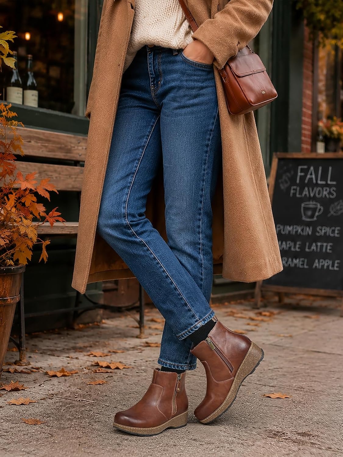 image:imageSHIBEVER Short Ankle Boots for Women Arch Support for All Day Comfort Fall Boots Memory Foam Cushioned Classic Low Heeled Zipper Casual Womens BootiesBrown