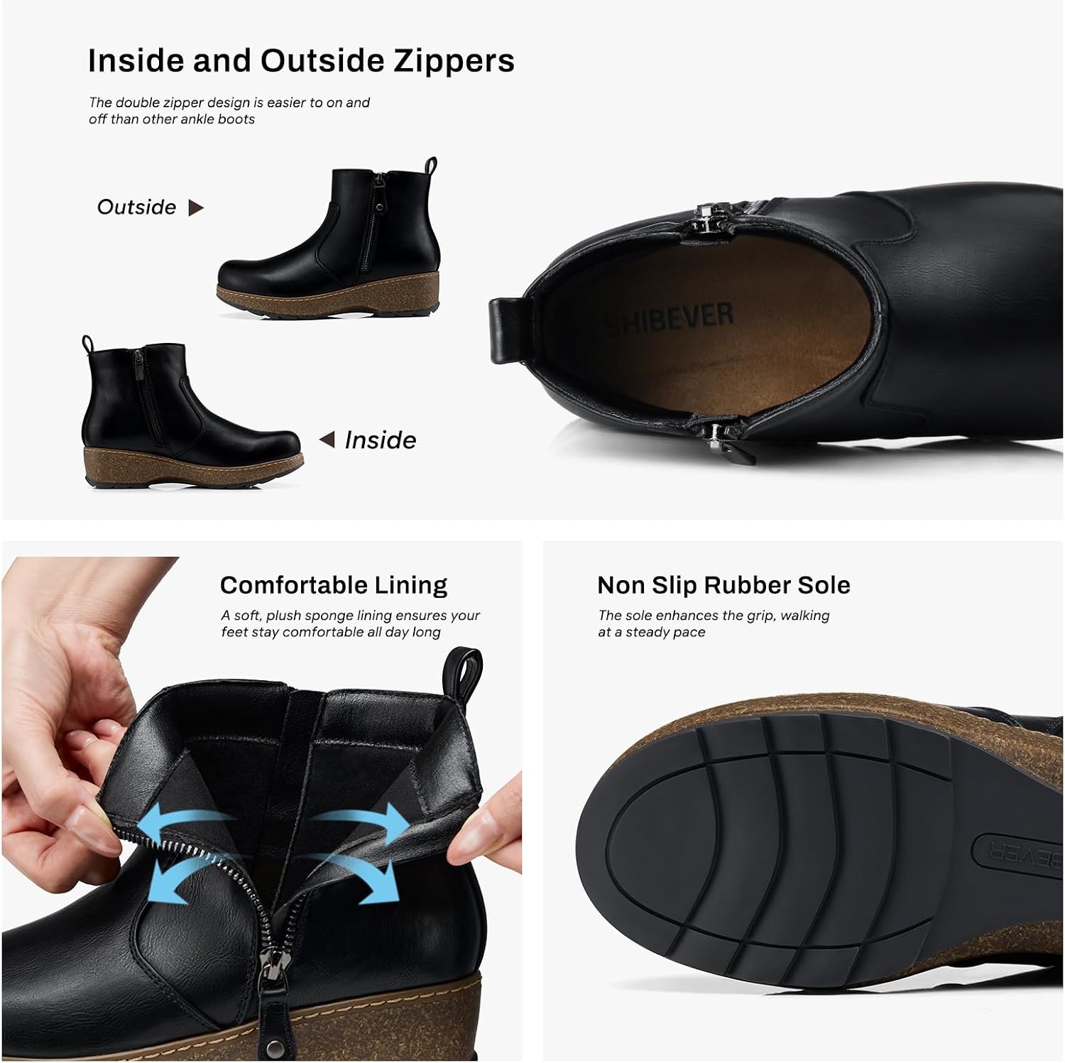 image:imageSHIBEVER Short Ankle Boots for Women Arch Support for All Day Comfort Fall Boots Memory Foam Cushioned Classic Low Heeled Zipper Casual Womens BootiesBlack