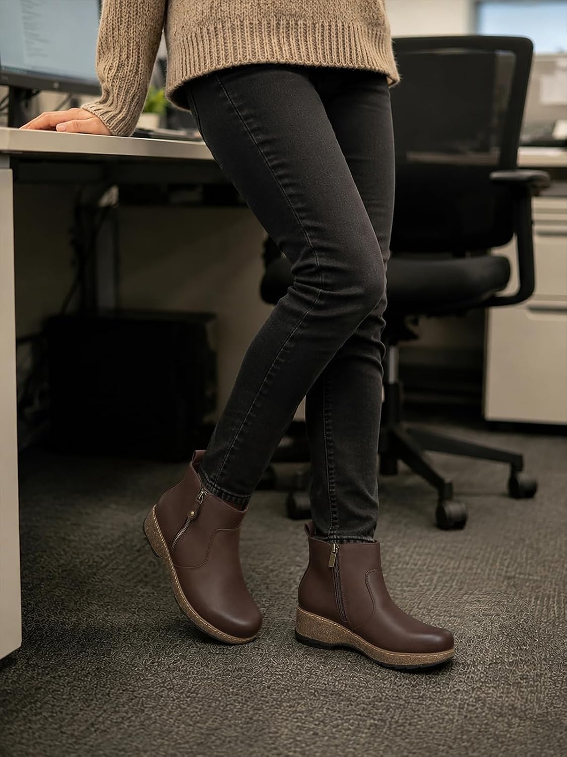 image:imageSHIBEVER Short Ankle Boots for Women Arch Support for All Day Comfort Fall Boots Memory Foam Cushioned Classic Low Heeled Zipper Casual Womens BootiesTan