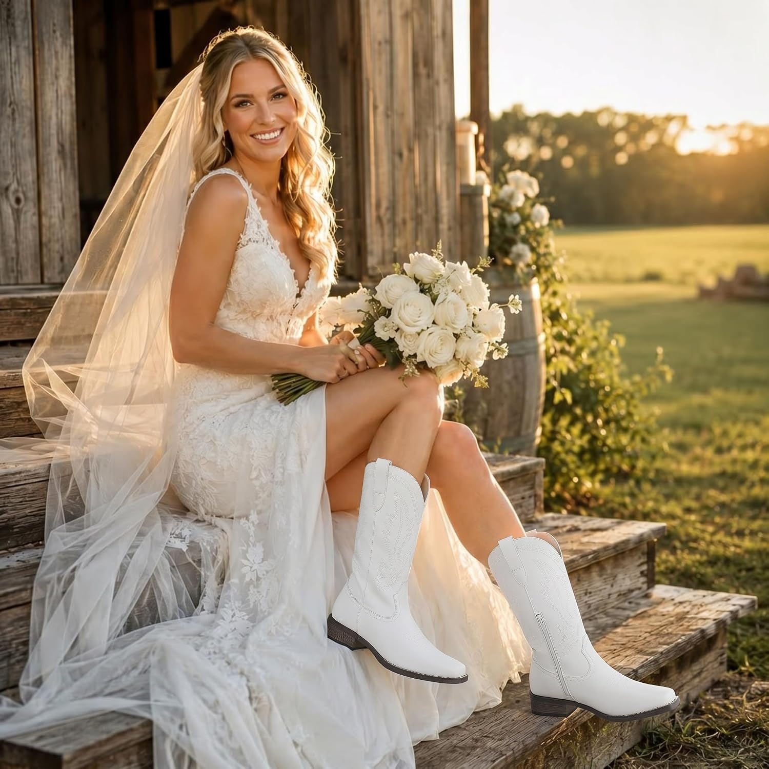 image:imageSHIBEVER Womens Western Cowboy Boots Square Toe Comfortable Wide MidCalf Embroidered PullOn Dress Cowgirl Boots with Arch Support for Theme Party amp Country ConcertWhite