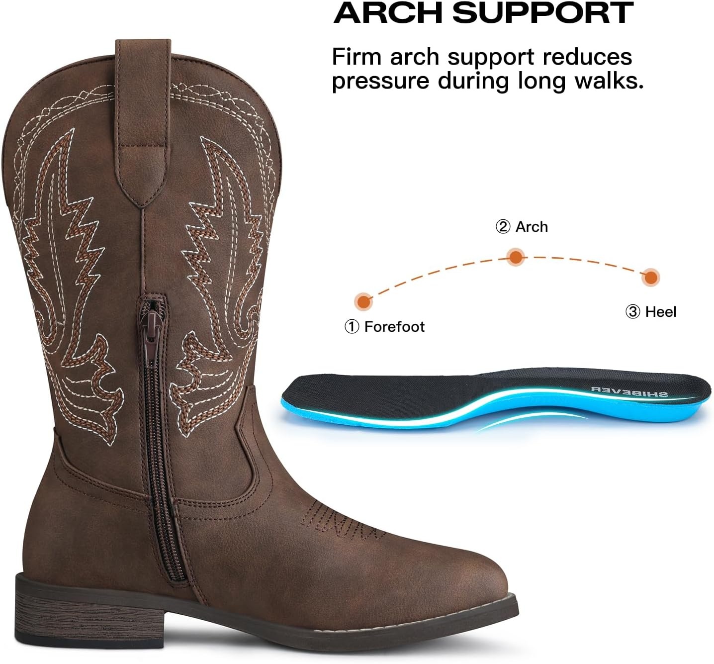 image:imageSHIBEVER Womens Western Cowboy Boots Square Toe Comfortable Wide MidCalf Embroidered PullOn Dress Cowgirl Boots with Arch Support for Theme Party amp Country ConcertDark Brown