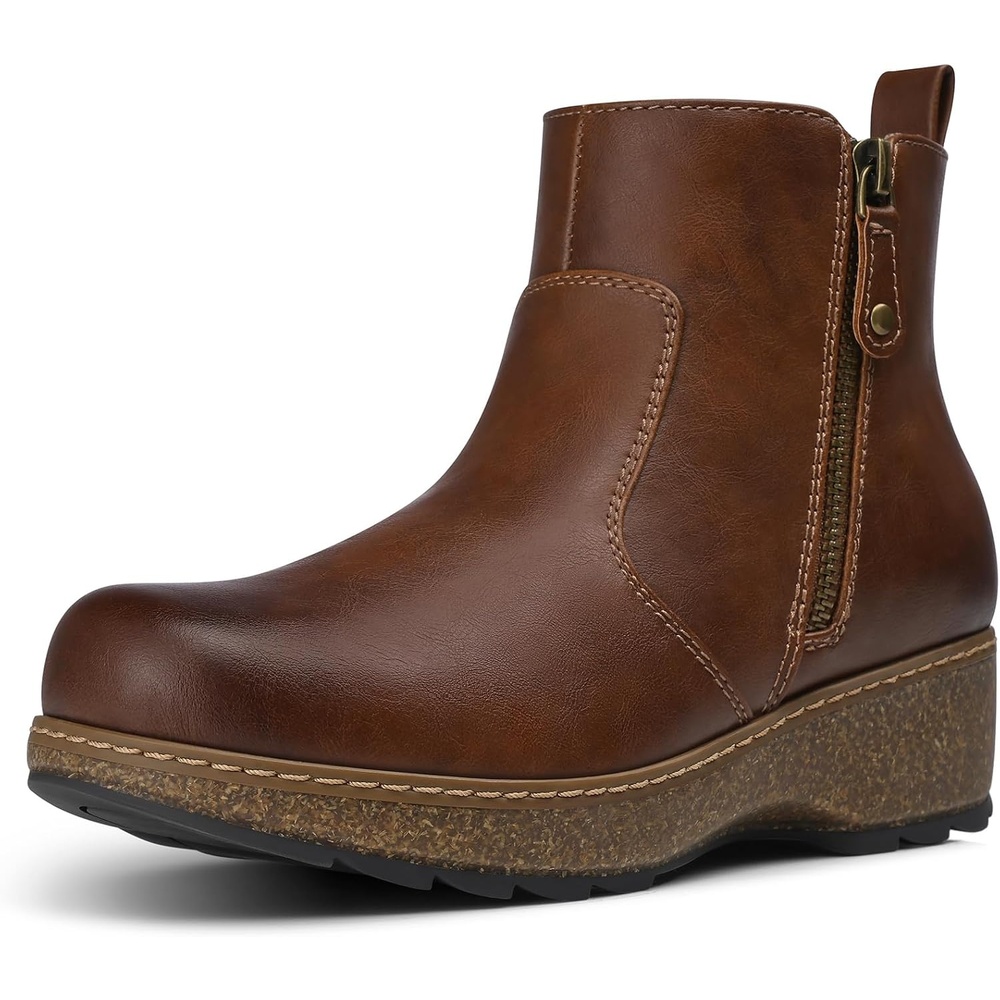 image:imageSHIBEVER Short Ankle Boots for Women Arch Support for All Day Comfort Fall Boots Memory Foam Cushioned Classic Low Heeled Zipper Casual Womens BootiesBrown