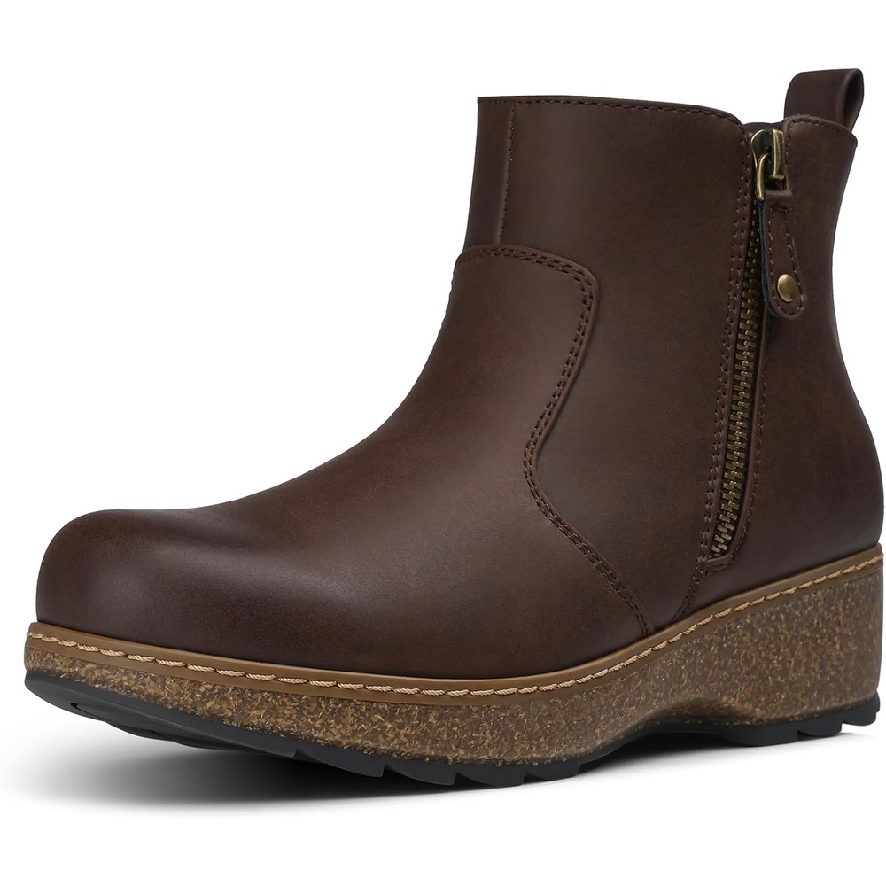 image:imageSHIBEVER Short Ankle Boots for Women Arch Support for All Day Comfort Fall Boots Memory Foam Cushioned Classic Low Heeled Zipper Casual Womens BootiesTan