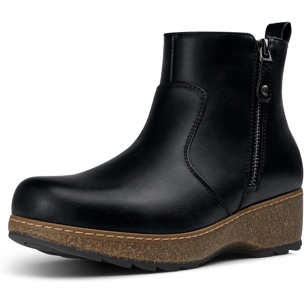 image:imageSHIBEVER Short Ankle Boots for Women Arch Support for All Day Comfort Fall Boots Memory Foam Cushioned Classic Low Heeled Zipper Casual Womens BootiesBlack